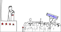 A stick figure speaks on a stage; among the audience members, a few hold up signs, with one standing higher with a "[citation needed]" sign