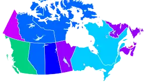 A provincial map of the Canada color-coded for abortion access. Abortion is legal at all stages in Canada, but availability is subject to medical guidelines.