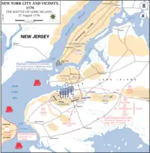 Map diagramming the British landing in New York and Washington's retreat