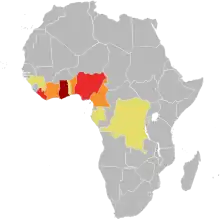 A map of Africa, with shading predominantly in southern West Africa.