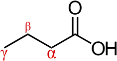 Skeletal formula of butyric acid with the alpha, beta, and gamma carbons marked