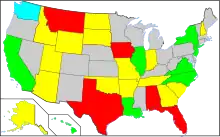 Map showing (1) California, Hawaii, Illinois, Louisiana, New Jersey, New York, North Carolina, Delaware and Virginia have implemented COVID-19 vaccine passports; (2) Alabama, Arizona, Florida, Idaho, Indiana, Iowa, Montana, North Dakota, South Carolina, South Dakota, Texas, and Wyoming have banned COVID-19 passports; (3) that Alaska, Arkansas, Georgia, Missouri, New Hampshire, Oklahoma, Tennessee, and Utah have partially banned COVID-19 vaccine passports; (4) that Washington has a significant locality that has implemented a COVID-19 passport