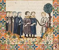 Miniature of the Cantiga #275 depicting two monks hospitaller with rabies being carried before St. Mary of Terena