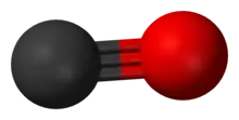 A carbon atom (shown as a grey ball) triple-bonded to an oxygen atom (shown as a red ball).
