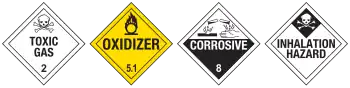 4 diagonal placards with warnings, poison, corrosive, inhalant, oxidant