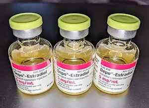 Depo-Estradiol 5 mg/mL (estradiol cypionate in oil solution) vials. Used by depot intramuscular injection.