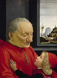 Painting by Domenico Ghirlandaio of an old man with rhinophyma in red robes, looking at his toddler-aged grandson.