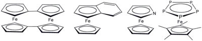 Various ferrocene derivatives where cyclopentadienyl has been replaced by related ligands