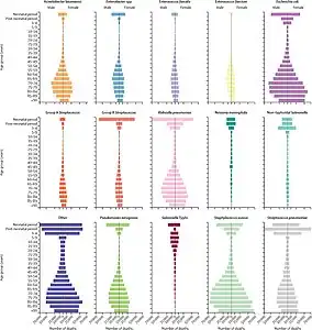 Global number of deaths, by pathogen, age, and sex groups, 2019