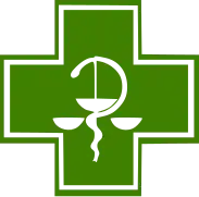 Green cross and Bowl of Hygieia used in Europe (with the exception of Germany and Austria) and India