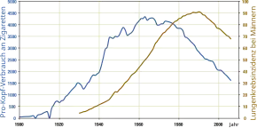 Graph showing that lung cancer rates rise and fall with cigarette consumption.