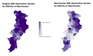 Maps of deprivation in Manchester using the English IMD decile on the left and the Manchester IMD decile on the right
