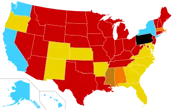 Abortion legal on request: AK, HI, NY, WA; allowed for danger to woman's health, rape or incest, or likely damaged fetus: AR, CA, CO, DE, FL, GA, KS, MD, NC, NM, OR, SC, VA; allowed for danger to woman's health: AL, MA; allowed for rape but not life: MS; allowed for danger to the woman's life: AZ, CT, IA, ID, IL, IN, KY, LA, ME, MI, MN, MO, MT, ND, NE, NH, NJ, NV, OH, OK, RI, SD, TN, TX, UT, VT, WI, WV, WY; complete ban: PA.