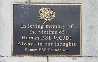 A plaque with gold letters on a black background saying "In loving memory of the victims of Human BSE (vCJD) – Always in our thoughts – Human BSE Foundation"