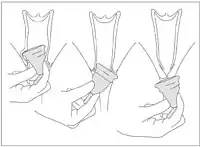 To remove a bell-shaped cup, the seal is broken by running a finger cup the side of the menstrual cup, or pinching the base of the vessel. The cup is then slowly and gently removed, shifting the menstrual cup from side to side.