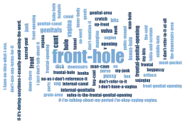 A word cloud of various terms used by transmasculine people for their vaginas, with the largest ("front-hole") in the center