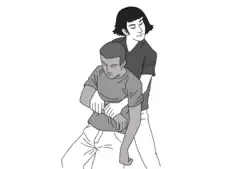 —When there is a victim with a serious injury in the spine (in the back or the neck) and a rescuer without instruments, the rescuer can try to carry the victim carefully through the Rautek maneuver (as in the picture), trying to keep victim’s head and back in the same position they were., The victim's head can be supported on the rescuer to try to soften the movements., A second rescuer can hold the legs.