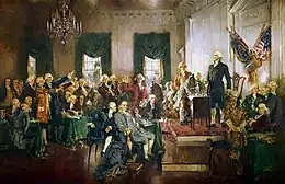 Painting by Howard Chandler Christy, depicting the signing of the Constitution of the United States, with Washington as the presiding officer standing at right