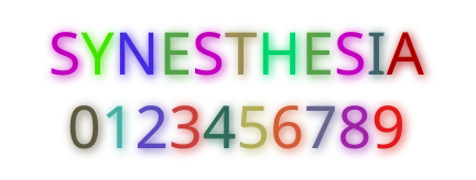 The word "synesthesia" and digits 0–9 are portrayed as glowing in various colors. For example, the letter "S" is displayed as magenta while the letter "E" is green.