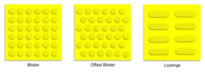 Diagrams of paving blocks with a grid of circles, a grid of circles with offset rows, and a grid of parallel rectangles
