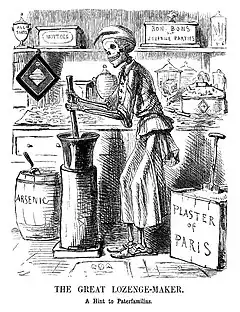 A skeleton is dressed as a sweetmaker, surrounded by tubs and boxes labelled "plaster of Paris", "arsenic", etc