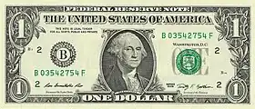 Paper currency with a portrait of Washington and a denomination of one US dollar