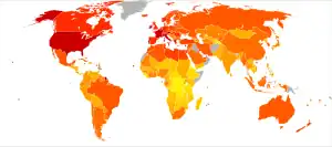(Right) A world map with countries colored to reflect the food energy consumption of their people in 2001–2003. Consumption in North America, Europe, and Australia has increased with respect to previous levels in 1971. Food consumption has also increased substantially in many parts of Asia. However, food consumption in Africa remains low.