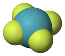 A model of planar chemical molecule with a blue center atom (Xe) symmetrically bonded to four peripheral atoms (fluorine).