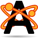 A black sans-serif capital letter A being orbited by two orange stylized electrons with orange trails.