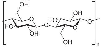 Cellulose, a linear polymer of D-glucose units (two are shown) linked by β(1→4)-glycosidic bonds