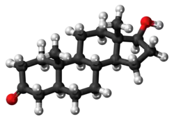 A ball-and-stick model of dihydrotestosterone.