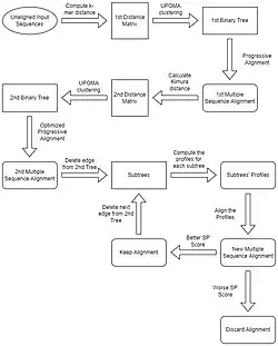 A flowchart depicting the steps the MUSCLE algorithm takes in order to produce an alignment.