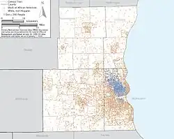 Map showing a large concentration of black residents in the north side of metropolitan Milwaukee.