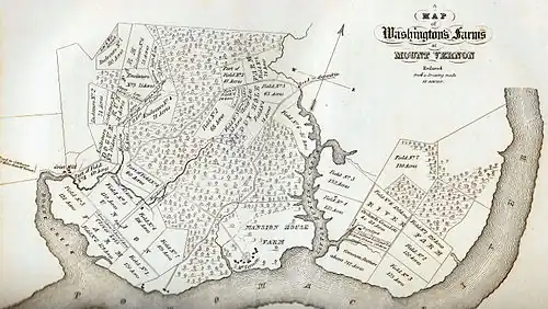 Black and white map showing farms at Mount Vernon