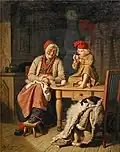 Swedish painter Amalie Lindegren's 1858 painting, "A grandmother with a grandson threading a needle"