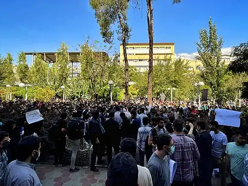 Amirkabir University of Technology students protest against the hijab and the government in the aftermath of the death of Mahsa Amini at the hands of the Iranian morality police for allegedly violating the hijab code, 2022.