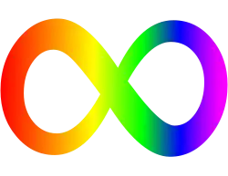 Autism acceptance symbol; an infinity symbol that is rainbow colored.