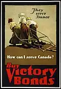 The same poster in English, with subtle differences in text. The French version roughly translates as 'All the world can serve' or 'Everyone can serve' and 'Let's buy victory bonds.'