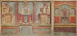 Restoration of a fresco from an Ancient Roman villa bedroom, circa 50–40&nbsp;BC, dimensions of the room: 265.4 × 334 × 583.9&nbsp;cm, in the Metropolitan Museum of Art (New York City)