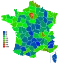 Map of population density by department, showing the empty diagonal in blue.