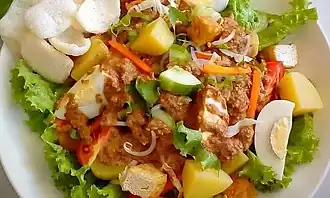 Gado-gado, A traditional Indonesian salad with a mix of fresh vegetables, tofu, and tempeh, all topped with peanut sauce.