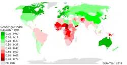 Gender Inequality Index world graph depicting countries' place for 2019; Japan is dark green, in the 0.00-0.09 range, with perfect equality being 0.00.