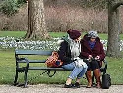 An adult mother and daughter converse in England's Sheffield Park and Garden, 2016.