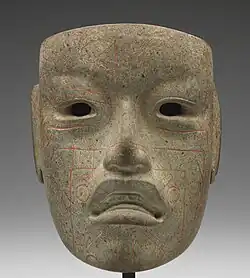 Mask with cinnabar "tattoos"; c. 900–300 BCE; jadeite with cinnabar; Minneapolis Institute of Art (Minneapolis, US)