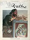 A Puck Magazine satirical illustration showing the Russian puppets Bulgaria and Macedonia sword fighting, with the Bulgarian one about to decapitate the Macedonian, October 1903.