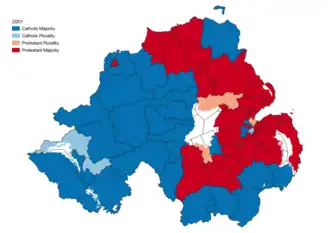 Religious Background in each Electoral Area 2001. Protestants outnumbered Catholics in 46 out of the 80 Electoral Areas