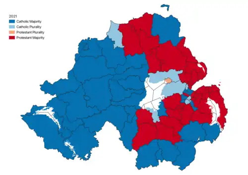 Religious Background in each Electoral Area 2021.  Protestants outnumbered Catholics in 37 out of the 80 Electoral Areas