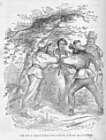 An illustration from Twelve Years A Slave, the memoir of Solomon Northup, 1853: "Rescues Solomon from Hanging"
