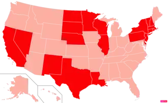 States in the United States by Catholic population according to the Pew Research Center 2014 Religious Landscape Survey. States with Catholic population greater than the United States as a whole are in full red.