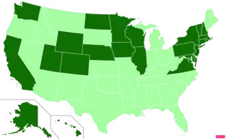 States in the United States by median family household income according to the U.S. Census Bureau American Community Survey 2013–2017 5-Year Estimates. States with median family household incomes higher than the United States as a whole are in full green.